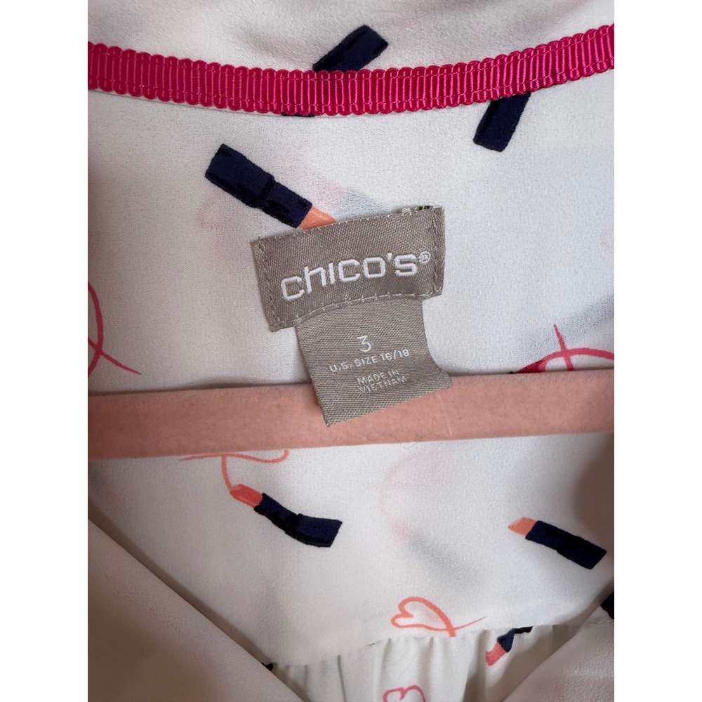 Chicos Lipstick Heart Print Button Down Shirt White Long Sleeve Size‎ 3 XL 16/18 - Picture 3 of 5